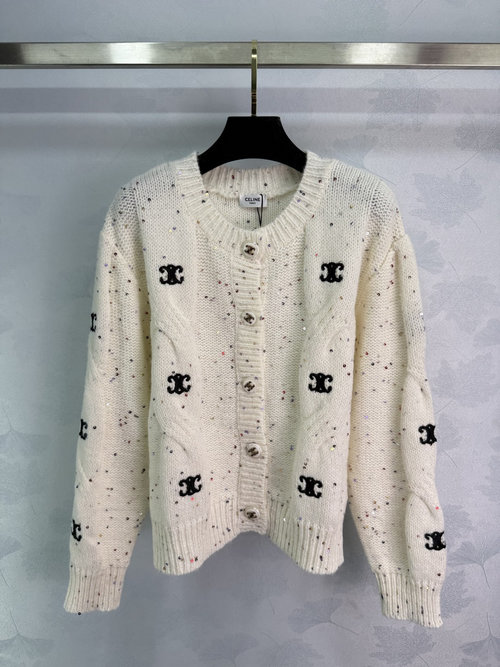 Celine Knit Cardigan with Sequined Letters and Logo, Featuring a Round Neck and Stylish Buttons