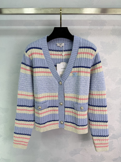 Chanel Colorful Striped V-Neck Knit Cardigan with Brand Logo
