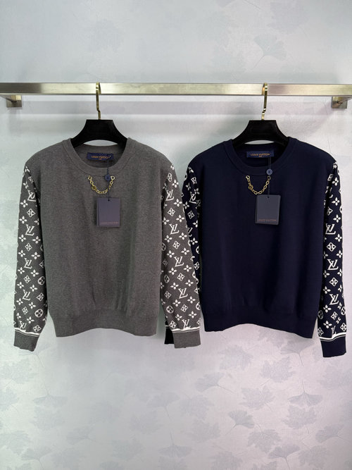 Louis Vuitton Classic Monogram Sleeve Knit Sweater with Gold Chain Accent