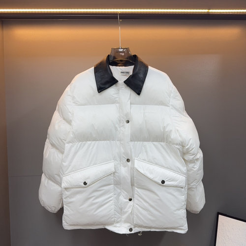 Miu Miu Silk Down Jacket with Leather Collar
