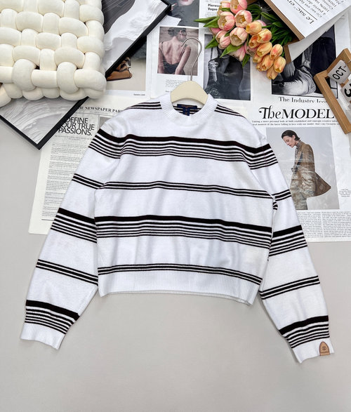 Louis Vuitton Classic Striped Knit Sweater with Leather Logo, Comfortable and Versatile