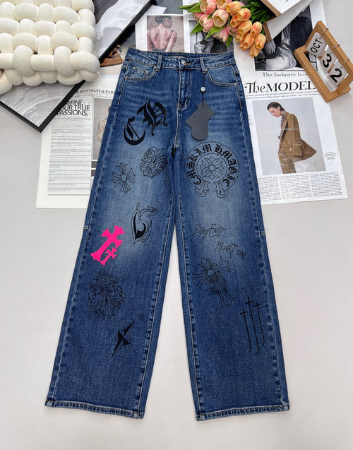 Chanel Cross Logo Graffiti Straight Leg Jeans with Custom Hardware
