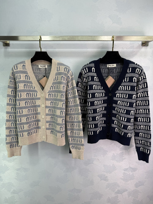 Miu Miu Custom Wool Blend V-neck Cardigan with Striped Logo, Effortless to Wear