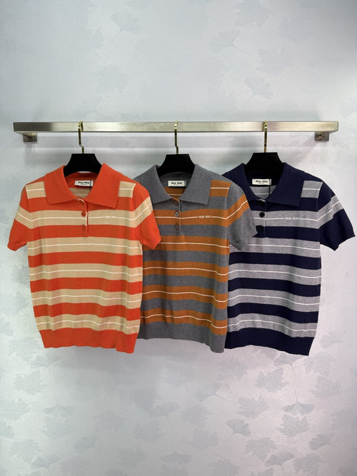 Miu Miu Stripe Collar Knit Short Sleeve with Logo, Breathable and Practical