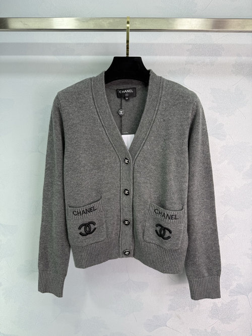 Chanel V-Neck Cardigan with Double C Logo and Vintage Aesthetic