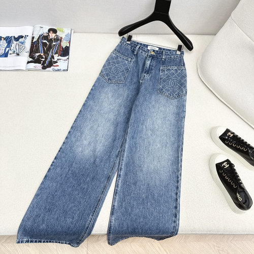 Chanel Exclusive Logo Rhombus Studded Pocket Straight - leg Jeans, Timeless and Versatile