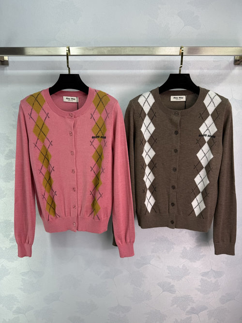 Miu Miu Diamond-Patterned Knit Cardigan with Logo Embroidery