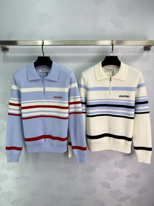 Miu Miu Striped Polo Neck Long Sleeve Knit Top with Semi-Open Collar, French Style