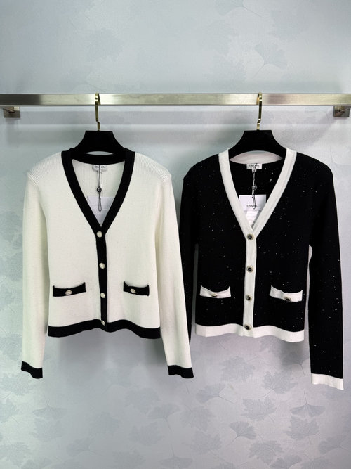 Chanel V-Neck Knit Cardigan with Double C Logo Metal Buttons