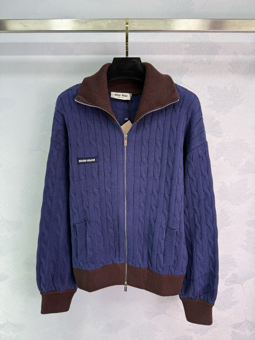 Miu Miu Classic Logo Contrast Collar Knitted Cardigan with School Style