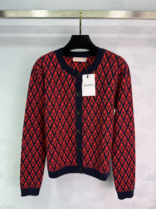 Valentino Round-Collar Jacquard Knit Cardigan with Logo Buttons