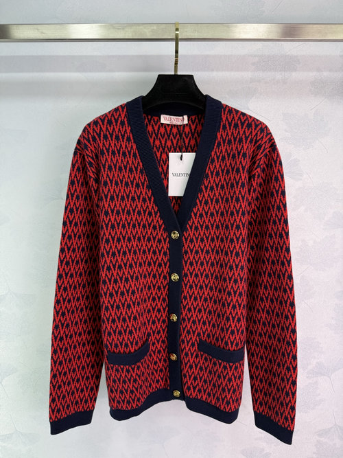 Valentino V-Neck Jacquard Knit Cardigan with Logo Decoration