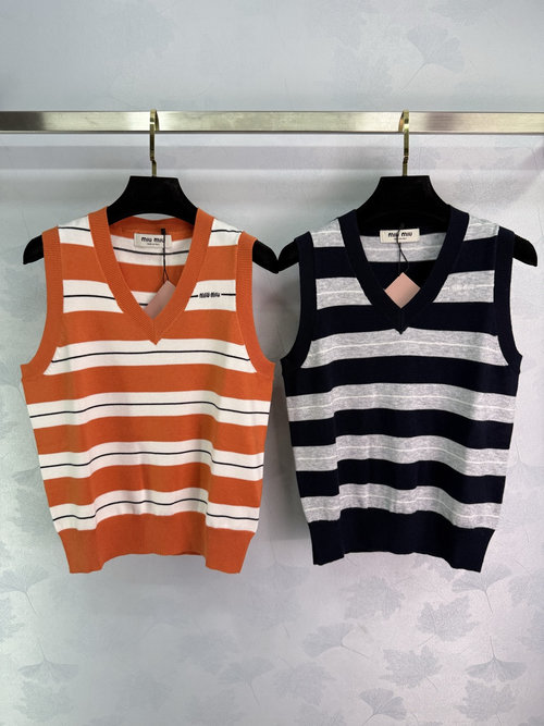 Miu Miu Striped Round-neck Knit Vest with Brand Logo