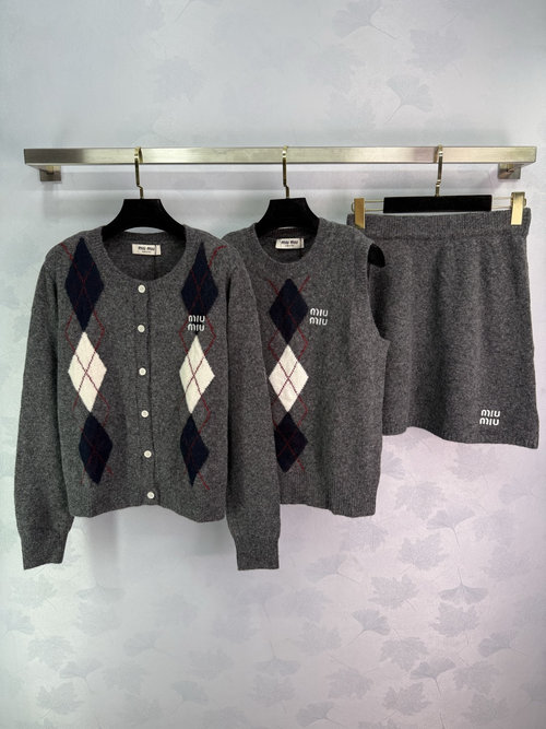 Miu Miu Round Neck Knit Three-Piece Set with Letter Embroidery, Soft and Stylish