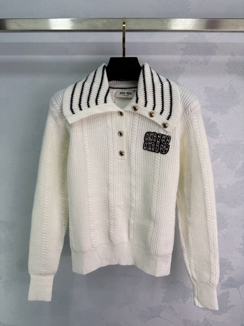 Miu Miu Knitted Sweater with Striped Collar and Golden Button Accents