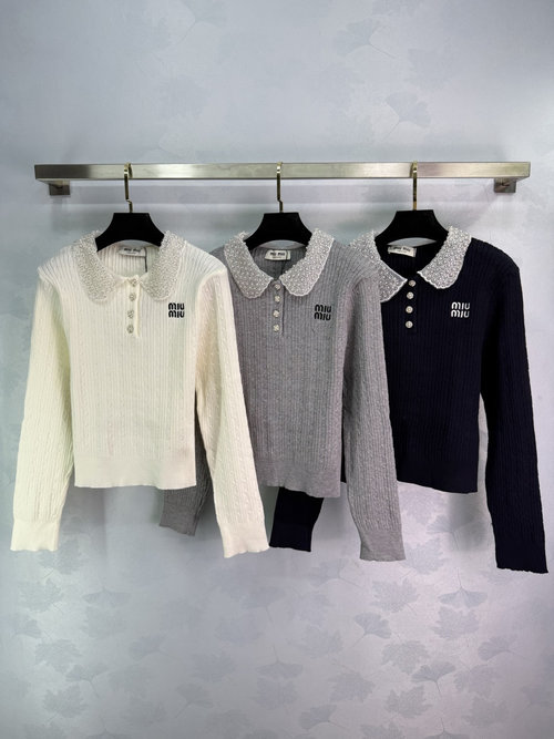 Miu Miu Peter Pan Collar Knit Top with Lace Trim, Striped Pattern