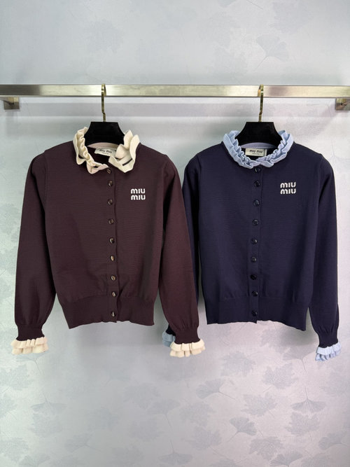 Miu Miu Cardigan with Delicate Lace Trim and Logo Badge, Elegant College Style