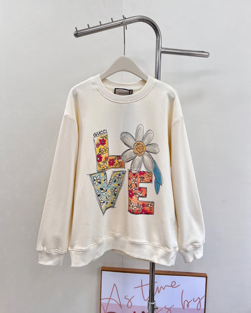 Gucci Cream White Floral Letter Print Hoodie for a Romantic Autumn Look