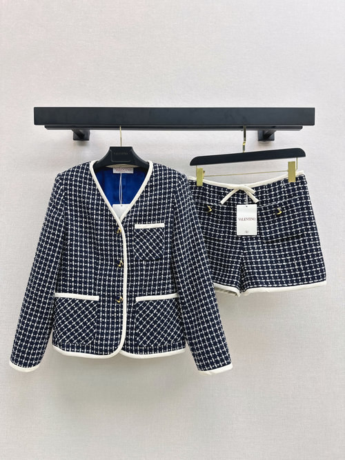 Valentino Sophisticated Checkered Knit V-neck Jacket Set