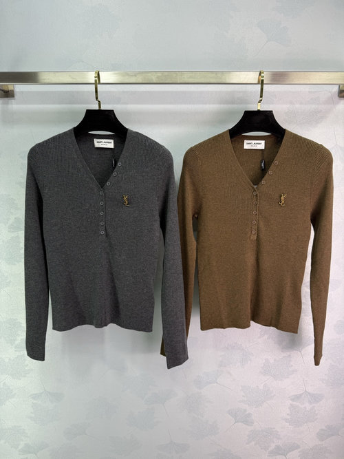 Yves Saint Laurent Chic V-Neck Knit Cardigan with Metal Logo and Special Buttons