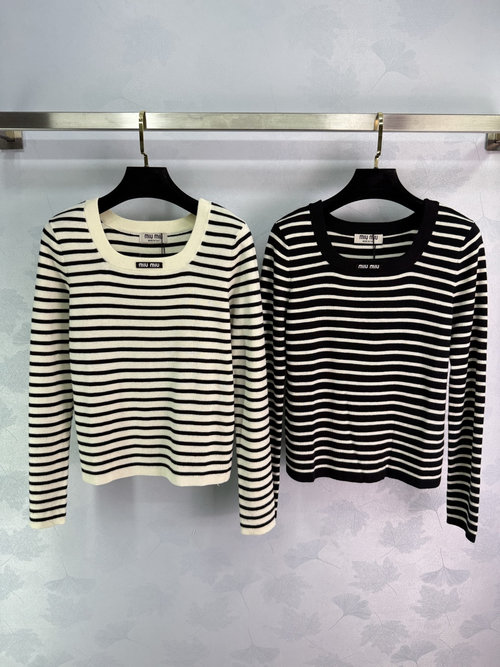 Miu Miu Striped Knitted Long Sleeve with Brand Letter Logo