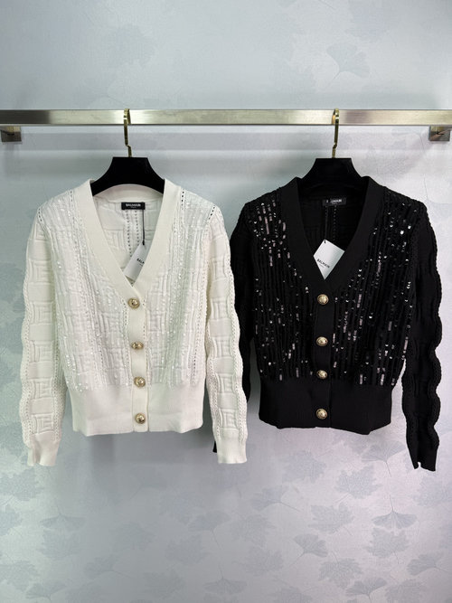 Balmain V-Neck Knit Cardigan with Gold Buttons and Delicate Lace Pattern