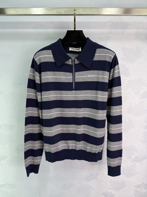Miu Miu Polo-Style Striped Wool Pullover with Loose Fit