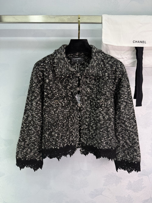 Chanel Custom Embroidered Lace Knit Cardigan with Water-Diamond C-Buttons, Classic and Elegant