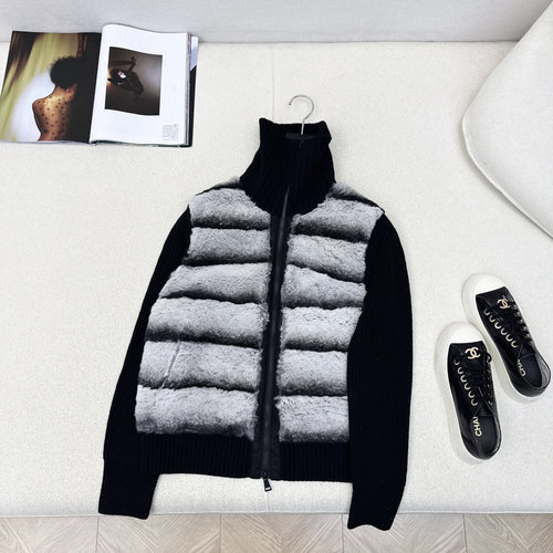 Loro Piana Collared Knit - stitched Gradient Down Jacket with Fur Trim