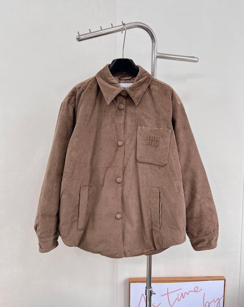 Miu Miu Customizable Corduroy Collared Down Jacket with Pockets and Logo for a Classic Look