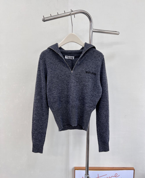 Miu Miu Half-Zip Cashmere Knit Sweater with Logo, Stylish and Sophisticated