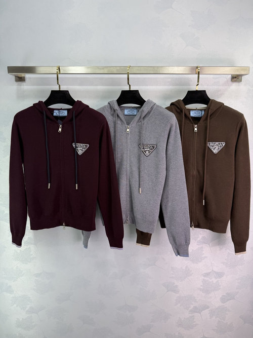 Prada Hoodie Cardigan with Dual Metal Zippers and Logo Embroidery, Casual Chic