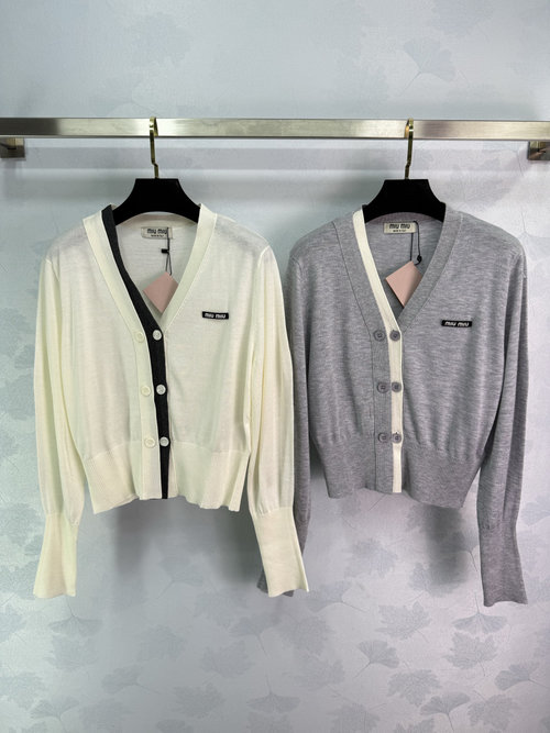 Miu Miu V-Neck Knit Cardigan with Contrast Trim and Logo Accent