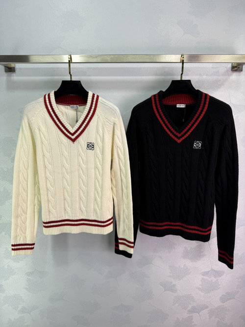 Loewe V-Neck Long-Sleeve Top with Embroidered Logo, Soft Fabric