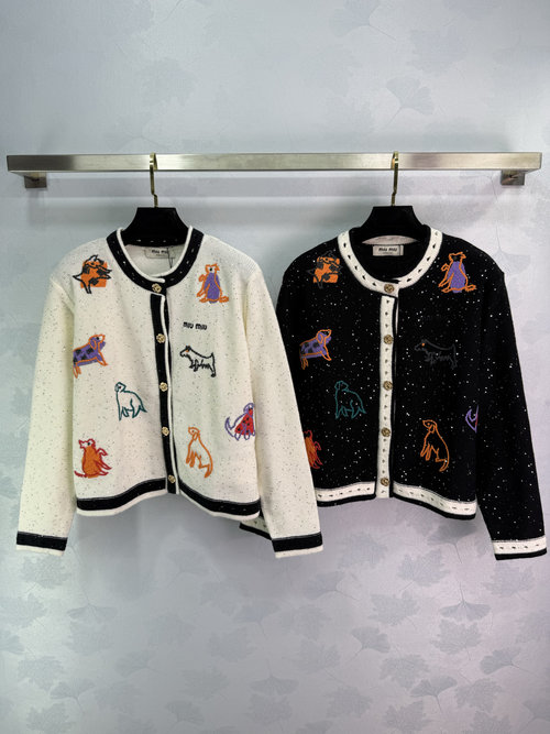 Miu Miu Retro Knit Cardigan with Puppy Embroidery and Gold Buttons