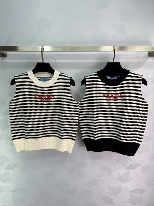Prada Striped Knit Vest with Contrast Embroidered Letters