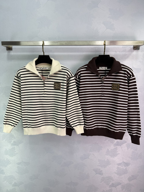 Miu Miu Stylish Striped Collared Top with Gold Logo Embroidery and Zipper