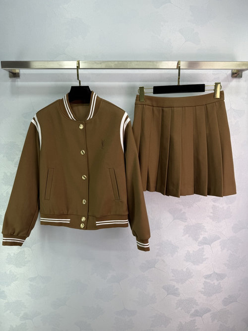 Yves Saint Laurent Embroidered Baseball Jacket and Pleated Skirt Set with Premium Textile