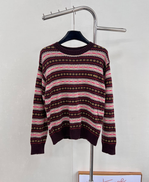Miu Miu Striped Alphabet Crochet Knitted Sweater with Wool Cashmere Blend