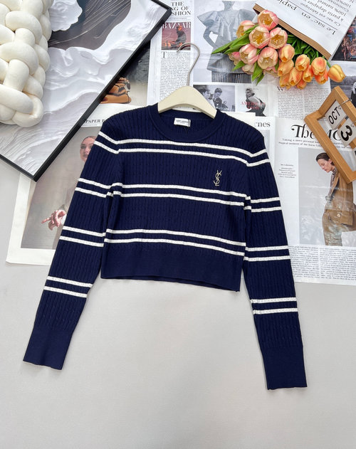 Yves Saint Laurent Customized Cotton Stripe Round-Neck Sweater with Logo Embroidery
