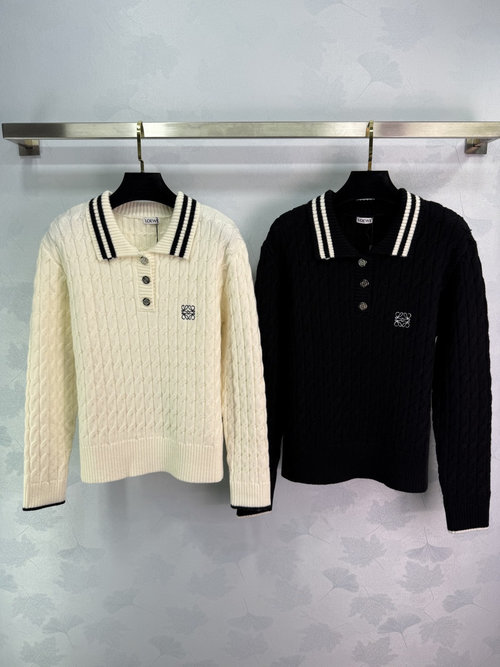 Loewe Twisted Knit Striped Collared Sweater with Totem, Academic and Streamlined