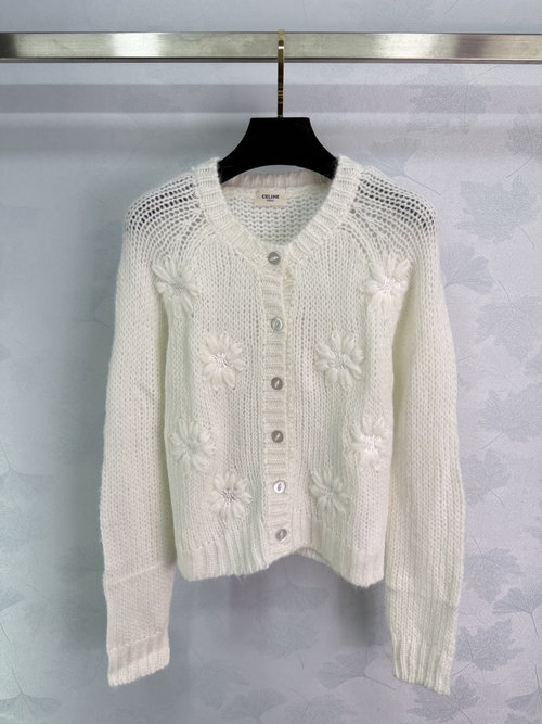 Celine Round Neck Knitted Cardigan with 3D Flower Embroidery in Wool Blend Fabric