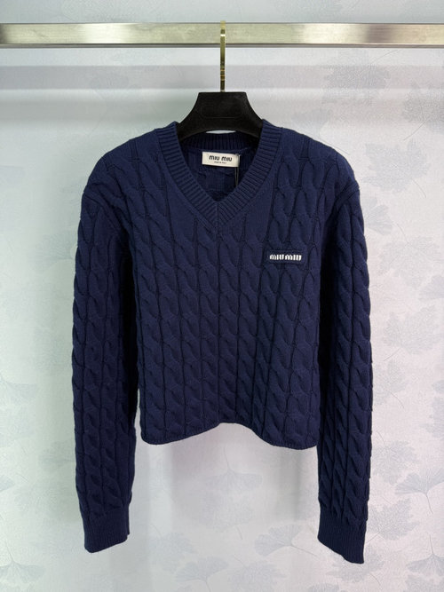 Miu Miu Cable Knit V-Neck Sweater with Letter Logo, Elegant Preppy Style