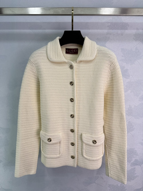 Gucci Turn-Down Collar Cardigan with Double G Buttons, Pure Cotton, Chic Design