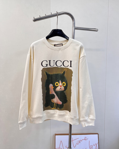 Gucci Oil Painting Cat Print Round Neck Sweatshirt with Classic Letters