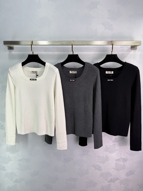 Miu Miu Long-Sleeve Knit Top with Logo Accent, Soft and Comfortable
