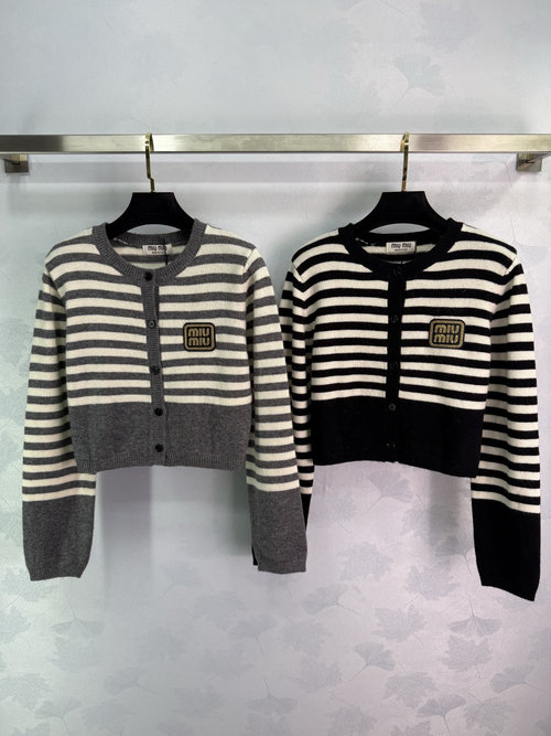 Miu Miu Round Neck Striped Long Sleeve Cardigan with Wheat-like Letter Logo, Classic and Fashionable