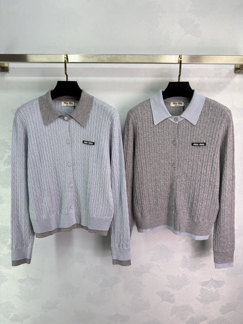 Miu Miu Knitted Cardigan with Contrasting Collar and Small Logo Embroidery