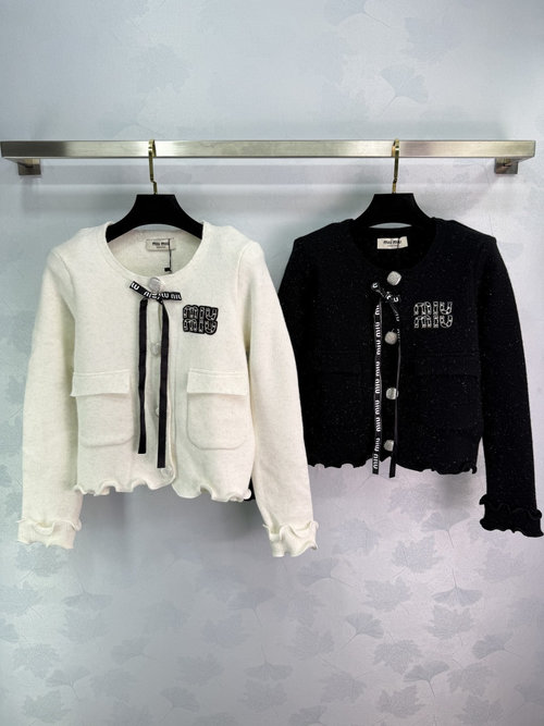 Miu Miu Autumn Round Neck Long Sleeve Cardigan with Custom Wool Yarn, Elegant College Style