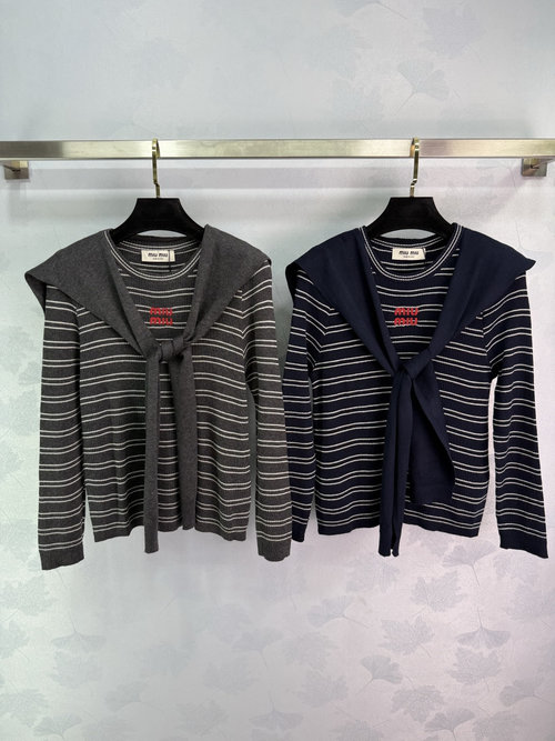 Miu Miu Two-Piece Striped Knit Top with a Detachable Scarf and Logo